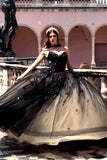 Sparkly Black Spaghrtti Straps Appliques Tulle Quinceanera Dress