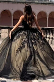 Sparkly Black Spaghrtti Straps Appliques Tulle Quinceanera Dress