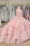 Sparkly Ruffle Corset Pink Appliques Off The Shoulder Tulle Quinceanera Dress