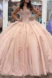 Sparkly Strapless Pink Appliques Tulle Quinceanera Dress