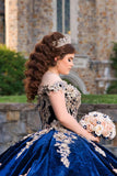 Velvet Navy Appliques Off The Shoulder Corset Appliques Quinceanera Dress