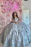 Sparkly Grey Blue Appliques Off The Shoulder Tulle Quinceanera Dress