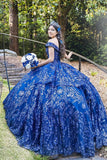 Royal Blue Sparkly Appliques Off The Shoulder Quinceanera Dress