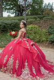 Red Sparkly Appliques Off The Shoulder Quinceanera Dress with Bow