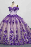 Purple 3D Floral Appliques Sparkly Strapless Tulle Quinceanera Dress