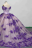 Purple 3D Floral Appliques Sparkly Strapless Tulle Quinceanera Dress