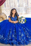 Off The Shoulder Royal Blue Floral Appliques Tulle Quinceanera Dress