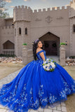 Off The Shoulder Royal Blue Floral Appliques Tulle Quinceanera Dress
