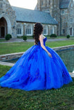 Strapless Appliques Sparkly Beads Royal Blue Tulle Quinceanera Dress