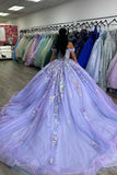 Sparkly Off The Shoulder Corset Lilac Appliques Tulle Quinceanera Dress