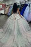 Sparkly Tulle Corset Sage Appliques Off The Shoulder Quinceanera Dress with Bow