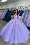 Sparkly Sequins Tulle Lilac Corset Appliques Off The Shoulder Quinceanera Dress with Bow