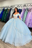 Sky Blue Appliques Corset Bow Tulle Off The Shoulder Quinceanera Dress