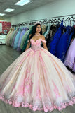 Floral Pink Appliques Corset Tulle Off The Shoulder Quinceanera Dress
