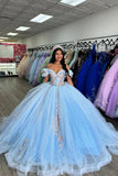 Tulle Appliques Sparkly Blue Ruffled Off the Shoulder Quinceanera Dress