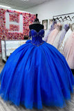 Sparkly Beads Royal Blue Corset Tulle Appliques Off the Shoulder Quinceanera Dress
