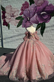 Sparkly Embroidery Grey Pink Off the Shoulder Beaded Tulle Quinceanera Dress