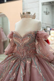 Sparkly Embroidery Grey Pink Off the Shoulder Beaded Tulle Quinceanera Dress