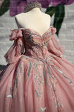 Sparkly Embroidery Grey Pink Off the Shoulder Beaded Tulle Quinceanera Dress