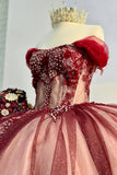Sparkly Red Off the Shoulder Beas Appliques Tulle Quinceanera Dress with Bow