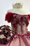 Sparkly Red Off the Shoulder Beas Appliques Tulle Quinceanera Dress with Bow