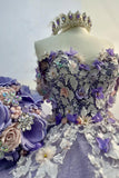 Floral Sparkly Purple Off the Shoulder Beaded Appliques Tulle Quinceanera Dress