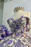 Floral Sparkly Purple Off the Shoulder Beaded Appliques Tulle Quinceanera Dress
