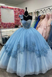 Strapless Sparkly Blue Appliques Beaded Tulle Quinceanera Dress