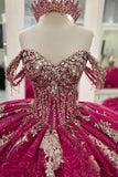 Sparkly Fuchsia Off the Shoulder Rhinestones Tulle Quinceanera Dress