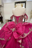 Sparkly Fuchsia Off the Shoulder Rhinestones Tulle Quinceanera Dress