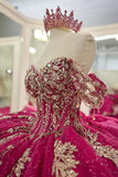 Sparkly Fuchsia Off the Shoulder Rhinestones Tulle Quinceanera Dress