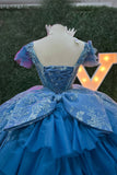 V Neck Sparkly Appliques Grey Blue Ruffles Tulle Quinceanera Dress with Bow