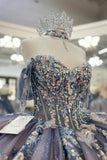 Sparkly Grey Blue Off the Shoulder Corset Appliques Tulle Quinceanera Dress with Bow