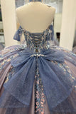 Sparkly Grey Blue Off the Shoulder Corset Appliques Tulle Quinceanera Dress with Bow