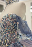 Sparkly Grey Blue Off the Shoulder Corset Appliques Tulle Quinceanera Dress with Bow