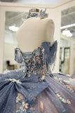 Sparkly Grey Blue Off the Shoulder Corset Appliques Tulle Quinceanera Dress with Bow