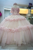 3D Floral Sparkly Pink Corset Off the Shoulder Tulle Quinceanera Dress