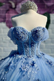 Sparkly Blue Off the Shoulder Appliques Tulle Quinceanera Dress with Bow