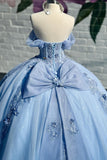 Sparkly Blue Off the Shoulder Appliques Tulle Quinceanera Dress with Bow