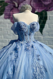 Sparkly Blue Off the Shoulder Appliques Tulle Quinceanera Dress with Bow