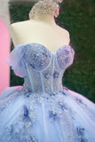 Sparkly Blue Off the Shoulder Appliques Tulle Quinceanera Dress with Bow