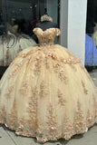 Champagne Sparkly Appliques Off the Shoulder Corset Ruffle Tulle Quinceanera Dress