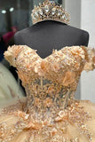 Champagne Sparkly Appliques Off the Shoulder Corset Ruffle Tulle Quinceanera Dress
