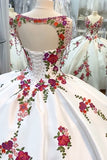 Embroidery White Flower V Neck Tassels Beaded Quinceanera Dress