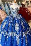 Sparkly Royal Blue Appliques Beaded Bow Spaghetti Straps Quinceanera Dress