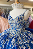 Sparkly Royal Blue Appliques Beaded Bow Spaghetti Straps Quinceanera Dress