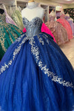 Off the Shoulder Sparkly Corset Beaded Tulle Navy Appliques Quinceanera Dress