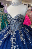 Off the Shoulder Sparkly Corset Beaded Tulle Navy Appliques Quinceanera Dress