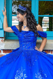 Royal Blue Off the Shoulder Corset Appliques Quinceanera Dress with Bow