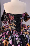 Floral Appliques Black Off the Shoulder Corset Long Quinceanera Dress
